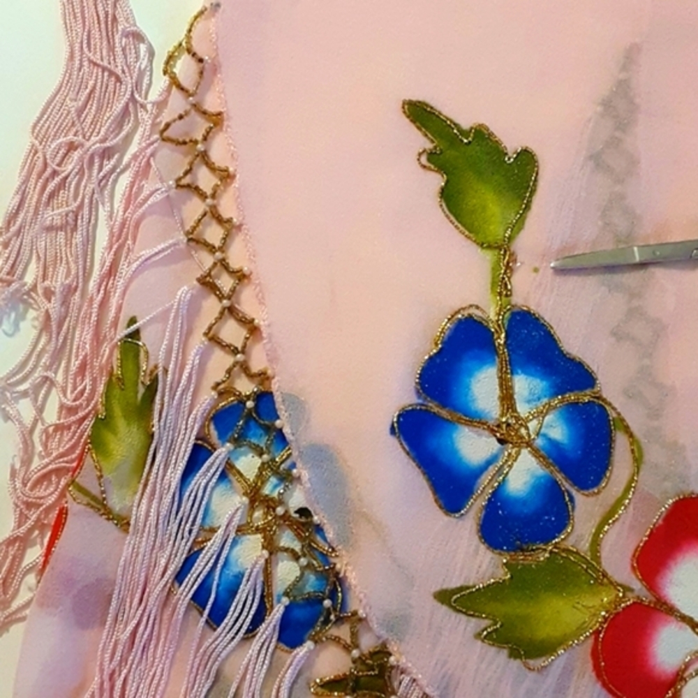Fringe Scarf Shawl Wrap Long HAND PAINTED Beadad Large By Surface IN Gear
